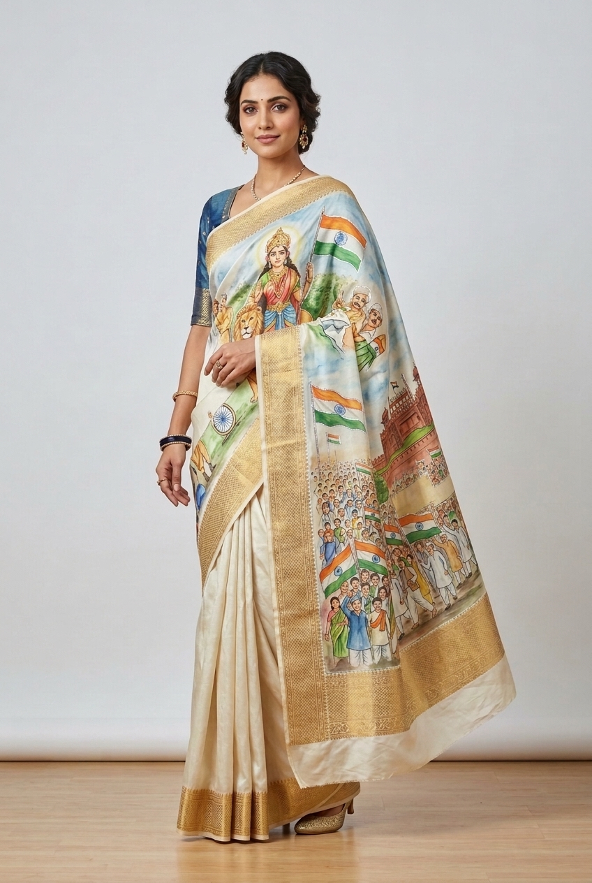 Vande Mataram Hand-Painted Saree