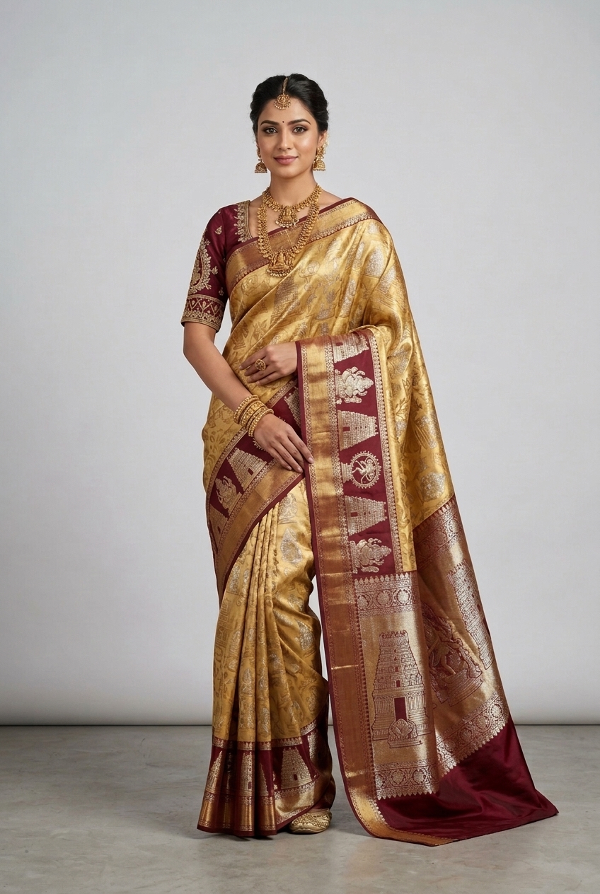 Chola Temple Gold Banarasi Saree