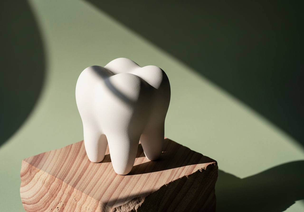 Sculpted ceramic tooth on a sandstone pedestal