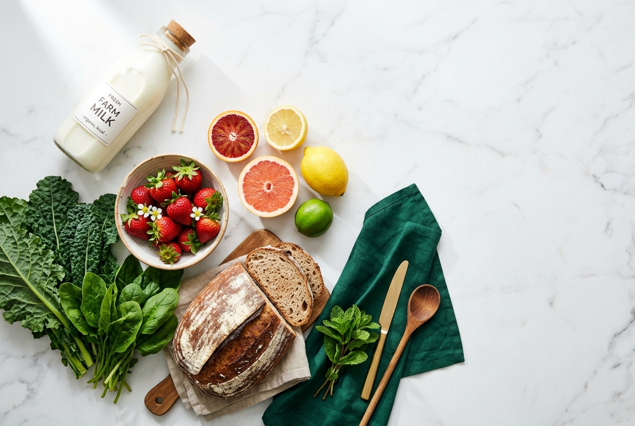 Fresh groceries arranged on marble
