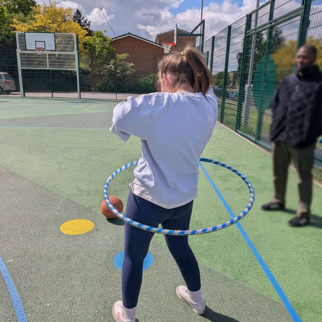 Someone we support enjoying an energetic hula hoop workout on an outdoor sports court.