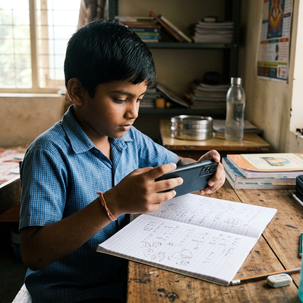 Indian student photographing homework notebook for AI review