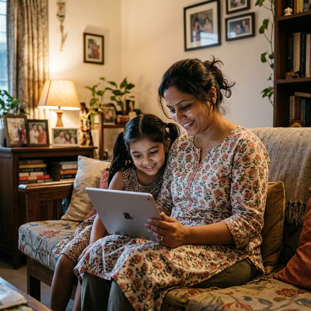 Indian mother and daughter viewing SmartGuru parent dashboard