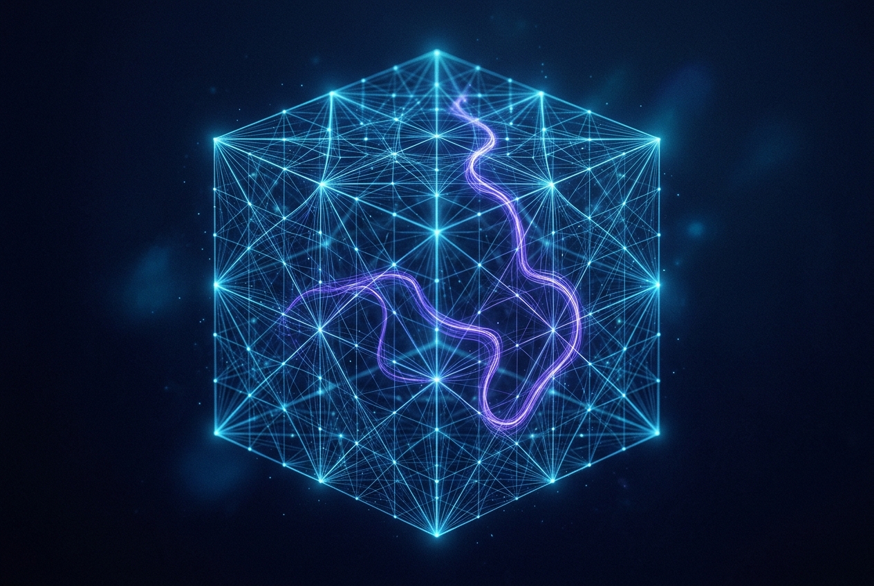A glowing lattice cube with luminous threads weaving through it, representing protected AI memory