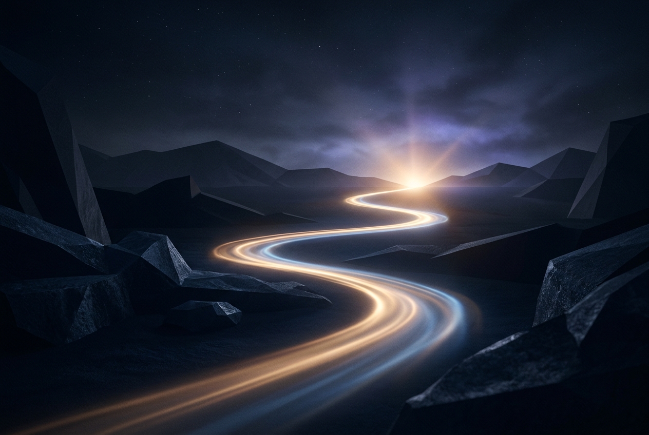 A single luminous path curving toward a bright horizon, representing the journey of building Panzoe