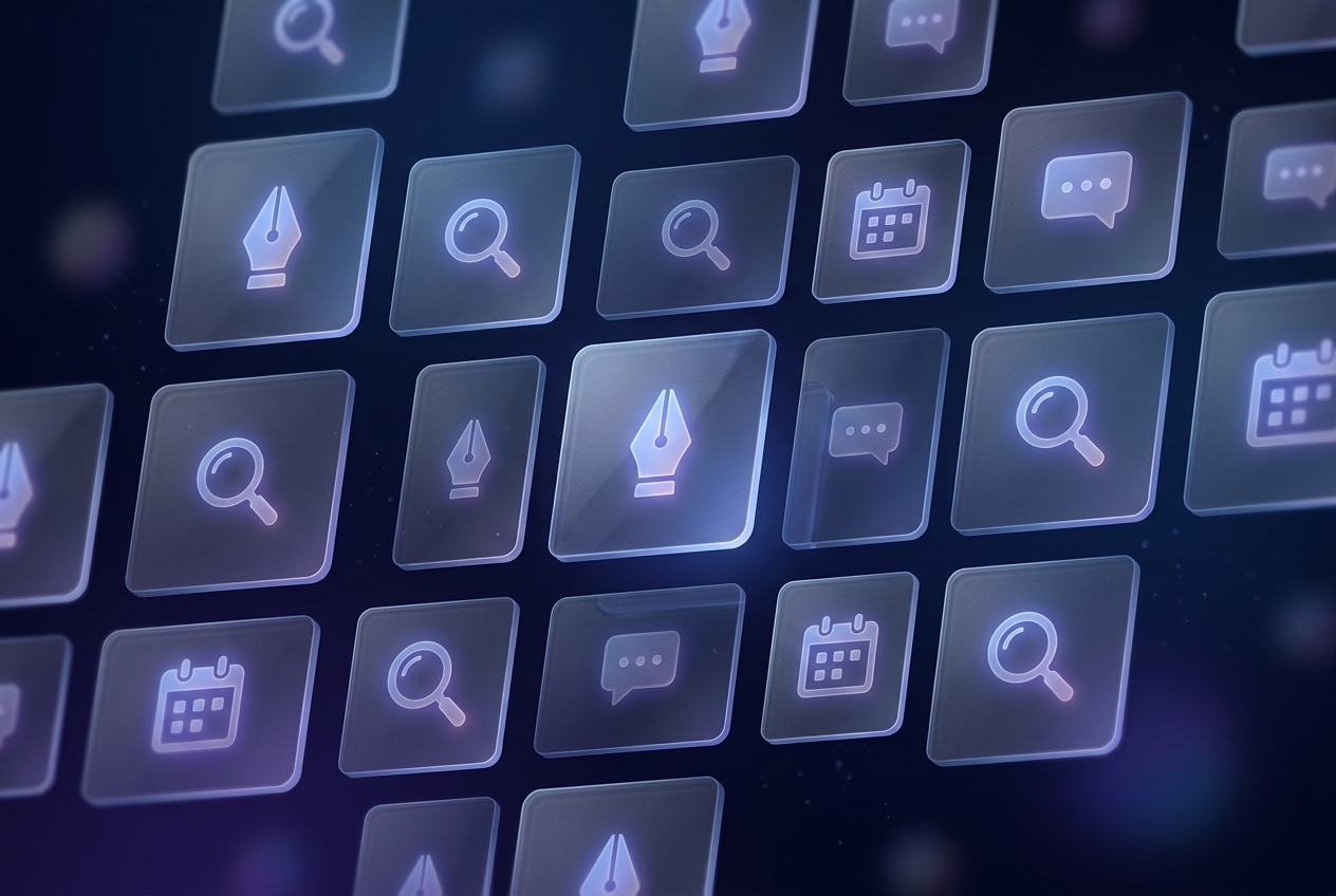 A grid of softly glowing glass tiles with tool glyphs, representing practical AI capabilities