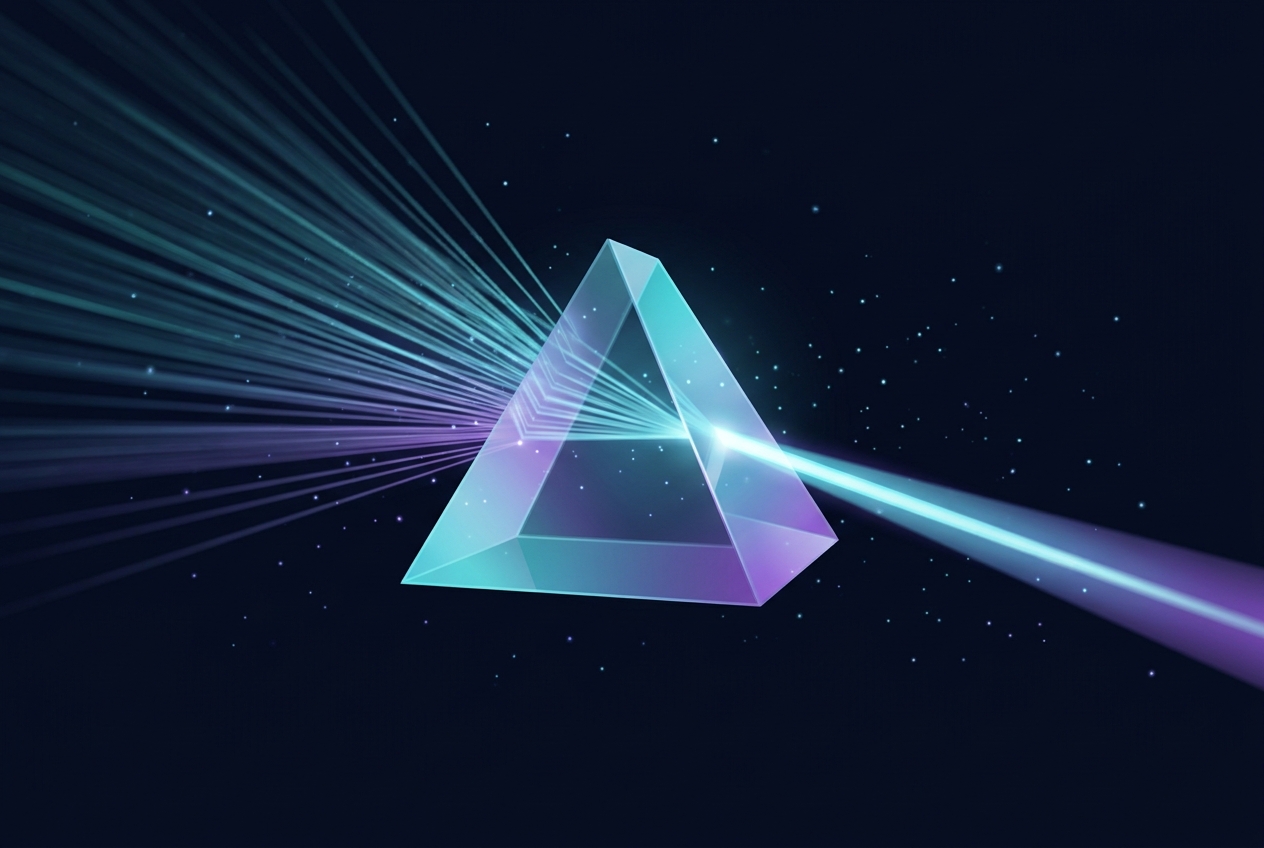 Beams of light converging through a prism into one focused beam, representing research synthesis