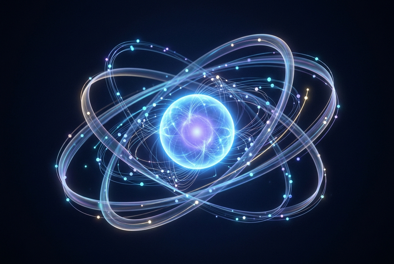 A luminous core sphere with orbital rings and connected nodes, representing one unified AI layer