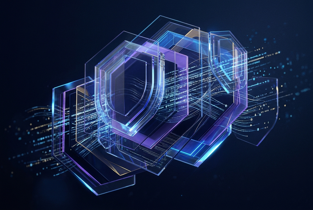 Layered translucent shield planes with flowing light traces, representing data protection layers