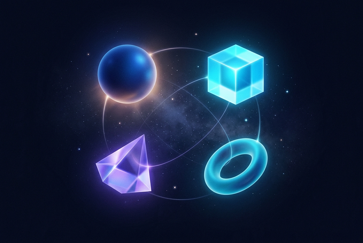 Four distinct glowing geometric shapes connected by light threads, representing different AI products