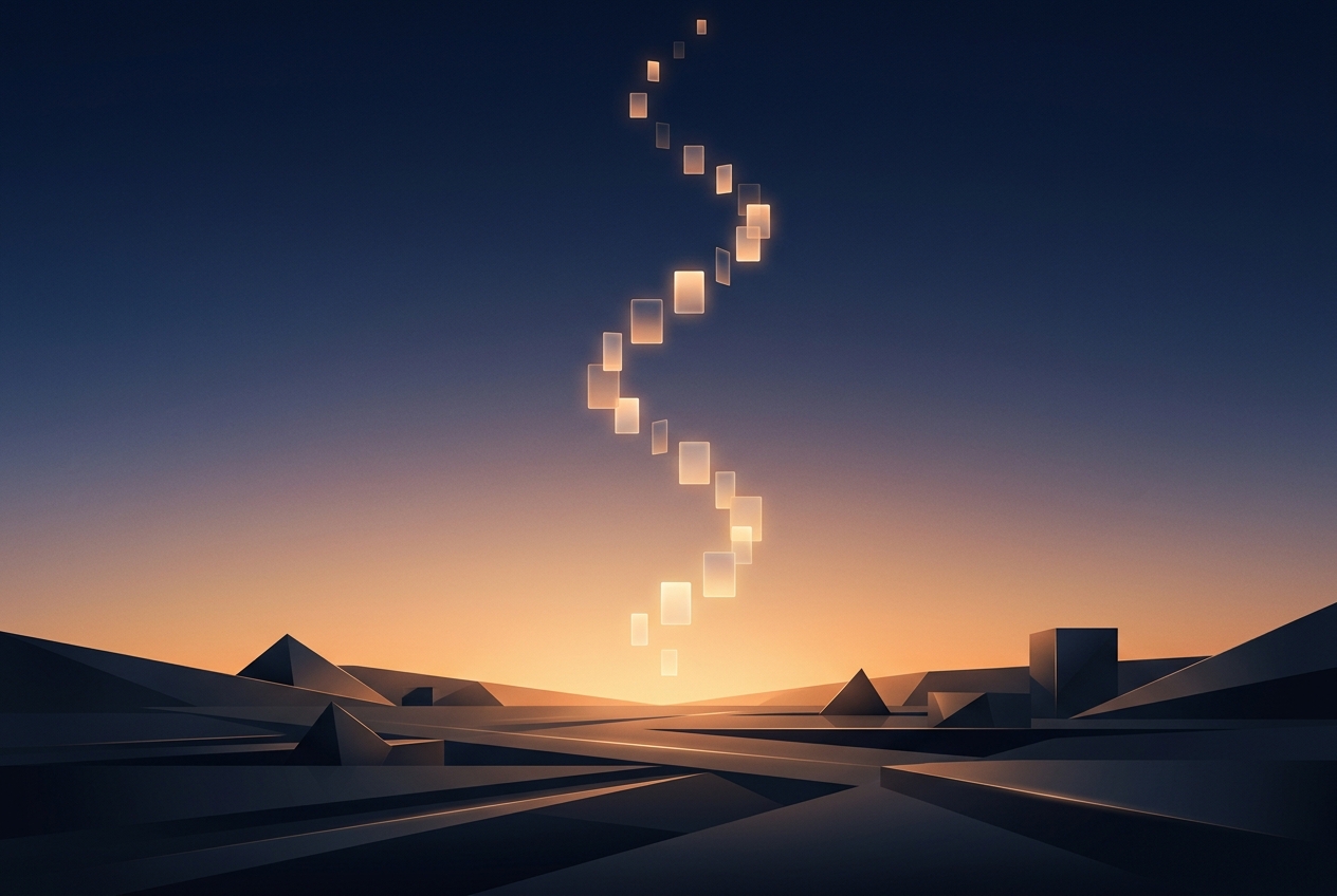 Dawn gradient over minimal geometric landscape with luminous cards rising like a timeline