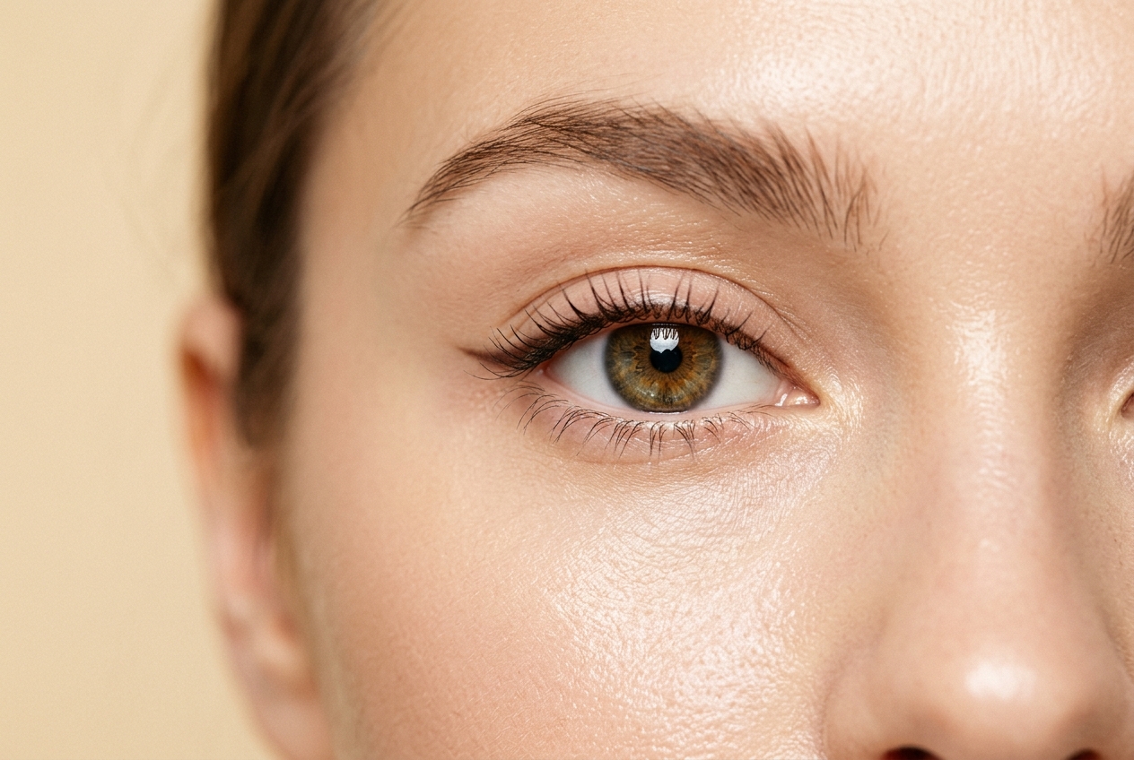 Close-up of a woman's eye with permanent eyeliner makeup in warm editorial tones