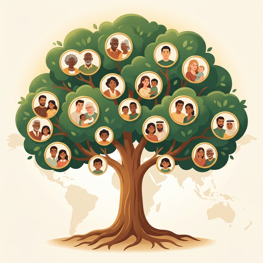 A heritage tree holding circular family portraits from around the world