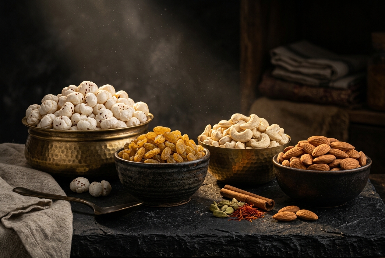 Premium Indian dry fruits in brass bowls