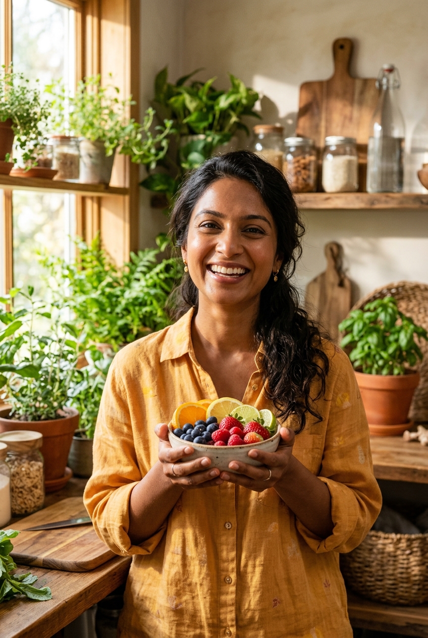 Woman holding a bowl of colorful berries in a botanical kitchen