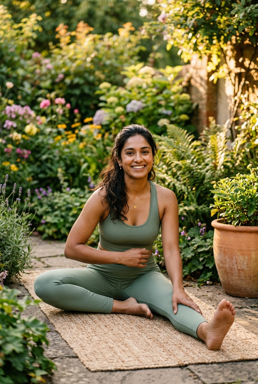 Woman stretching outdoors in a colorful garden