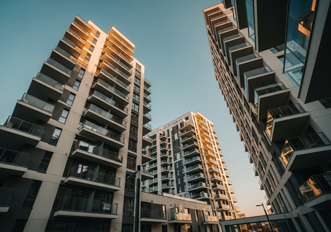 Modern residential high-rise buildings in Bratislava at golden hour