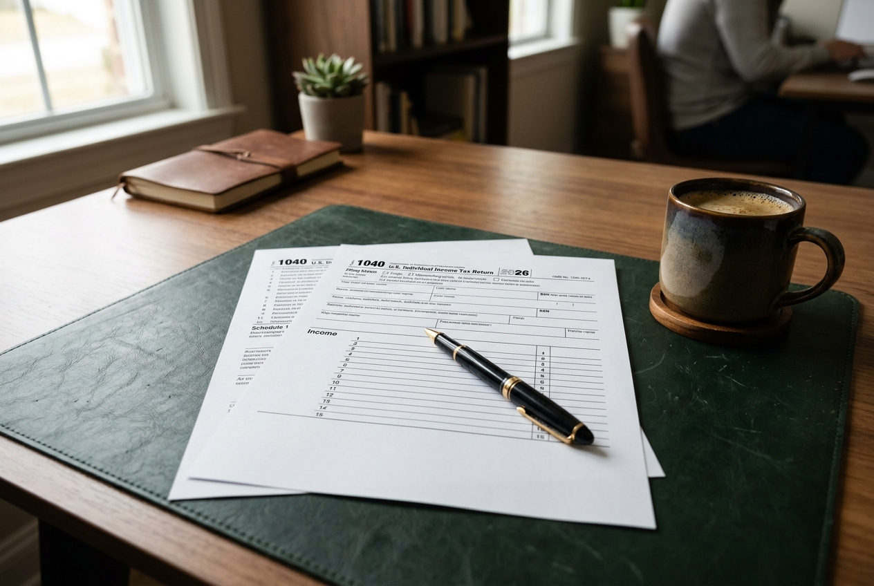 Blank 2026 tax return forms beside a cup of coffee