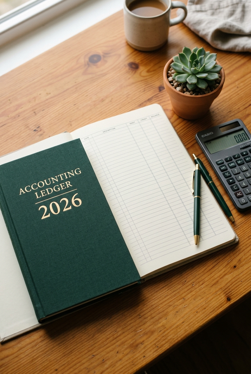 Organized bookkeeping desk with calculator and ledger