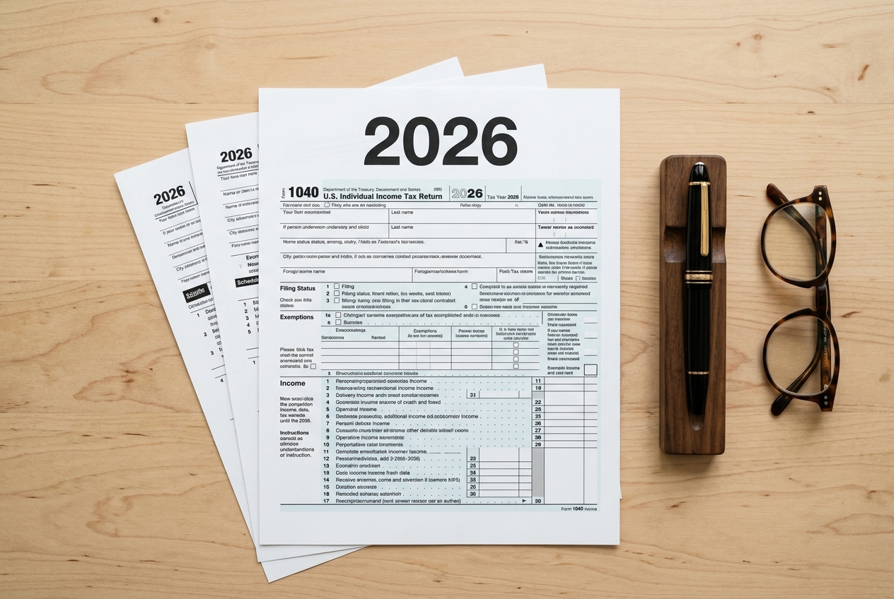 Blank 2026 tax forms on a desk with a pen and reading glasses