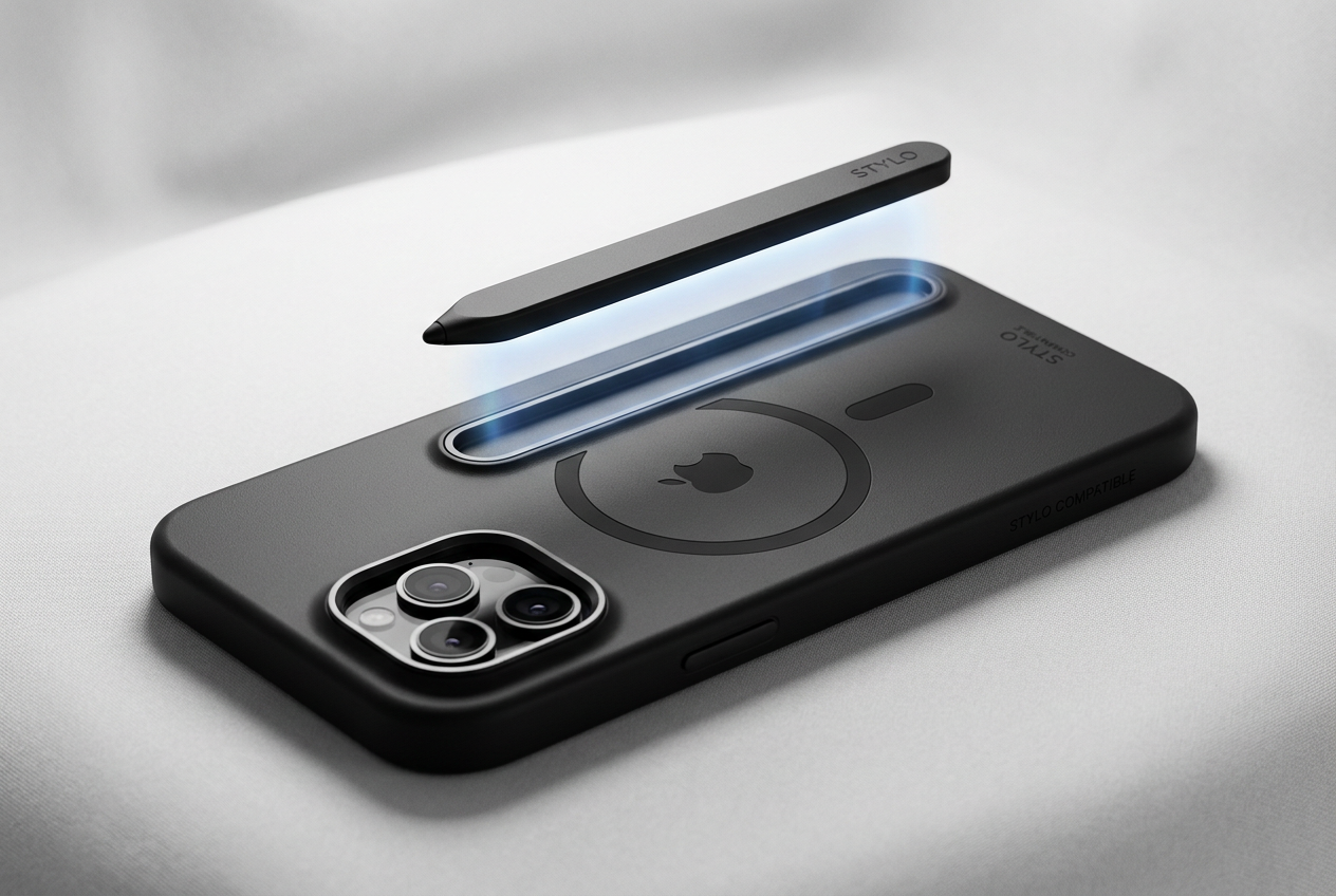 Flat stylus magnetically snapping into the back channel
