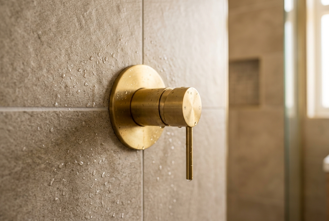 Brushed brass shower mixer against warm tiles
