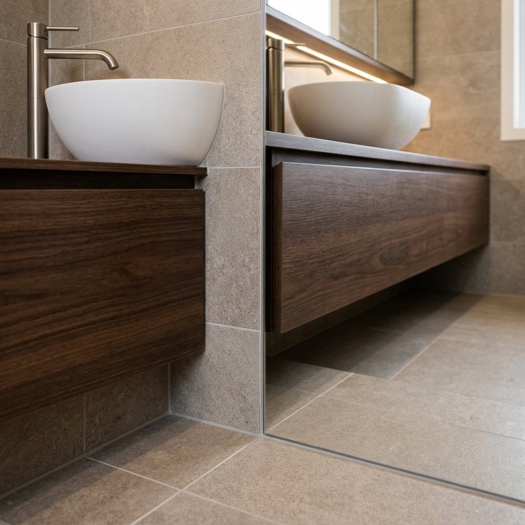Perfect junction where tiles meet vanity cabinetry