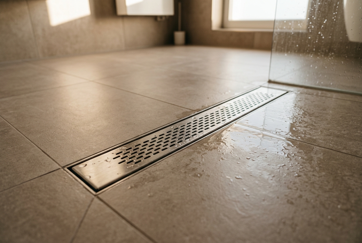 Flush floor-level shower tray with linear drain