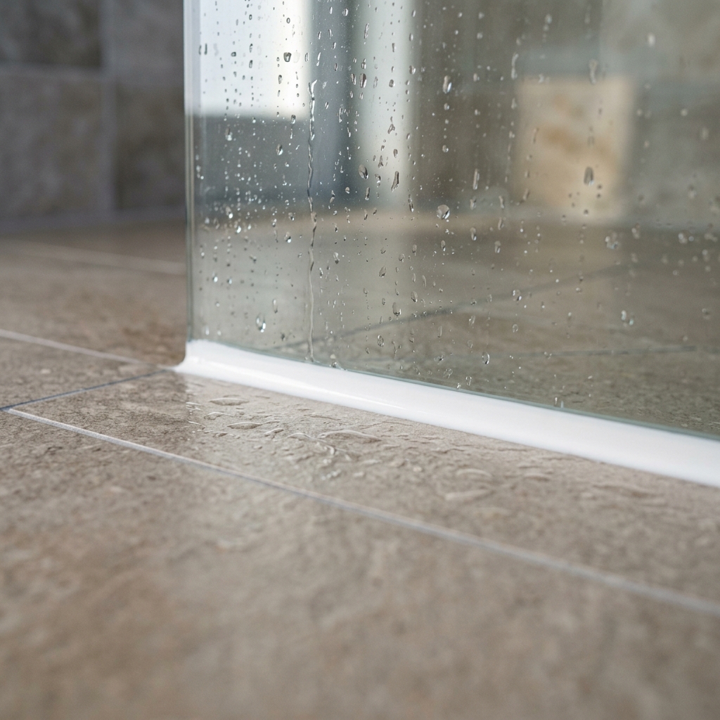 Clean silicone seal where glass meets tiles