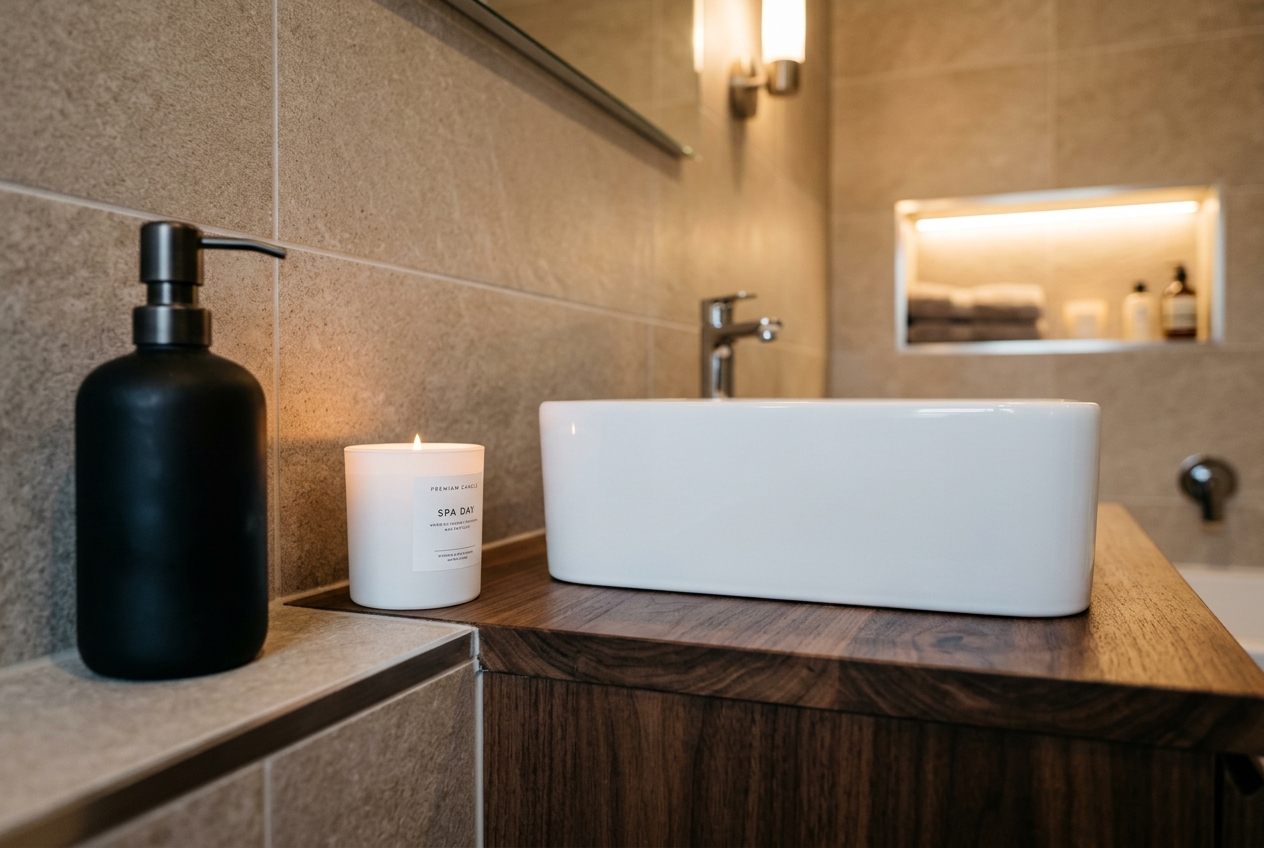 Premium vanity with vessel basin and ambient lighting