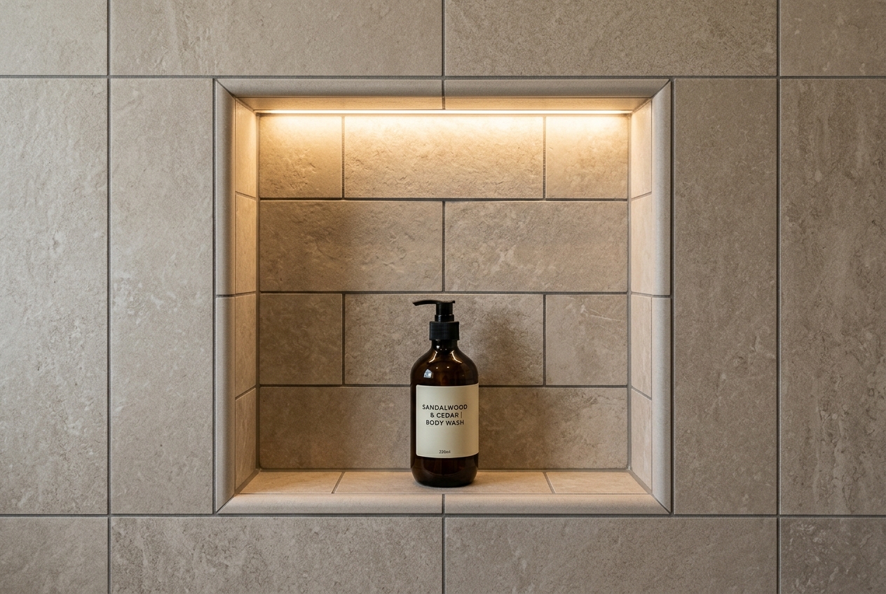 Perfectly aligned grout lines in shower niche