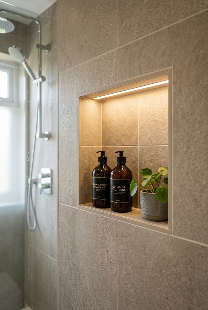Recessed tiled shower niche with LED lighting and premium products