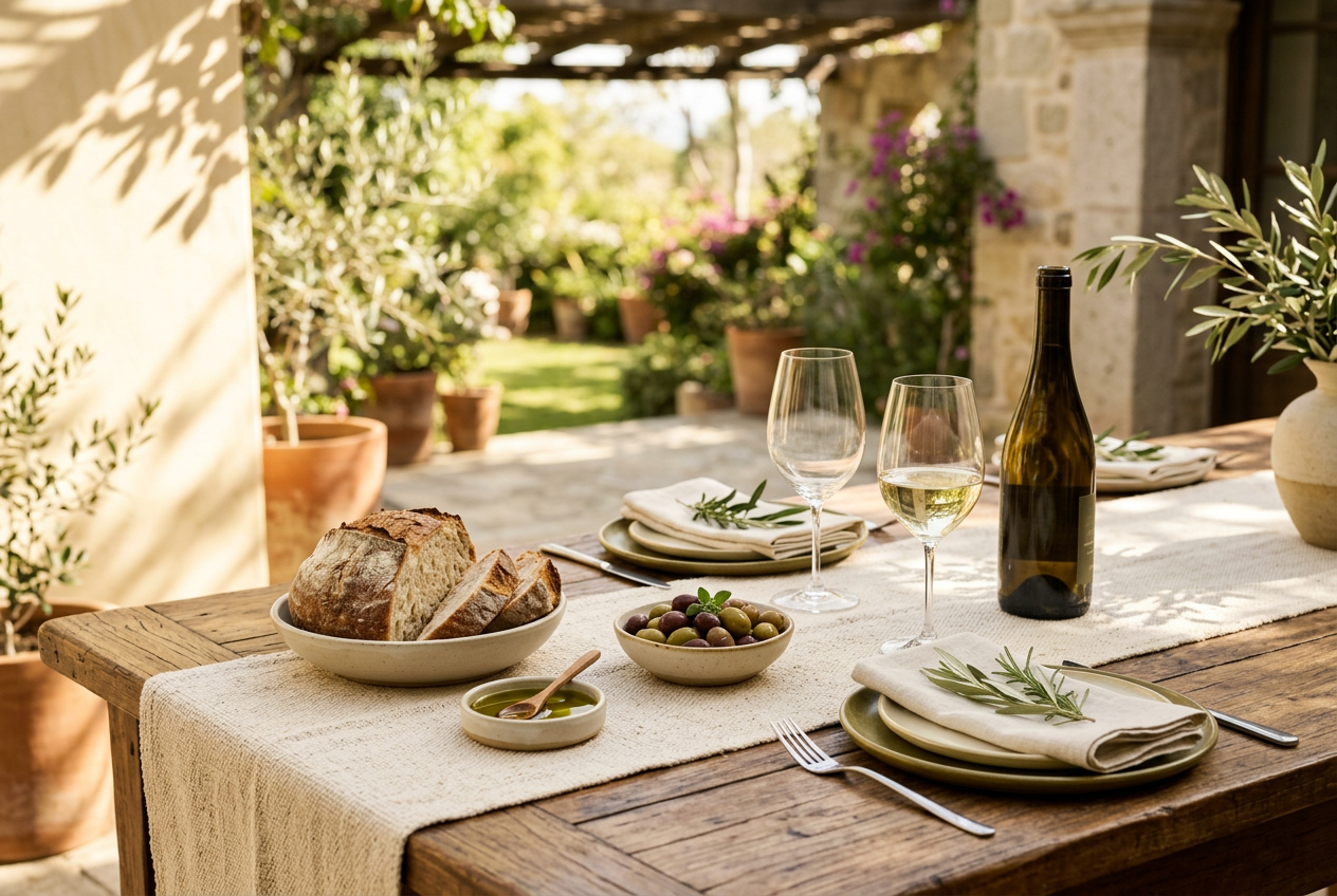 Mesa gourmet con vino, pan, aceite y aceitunas