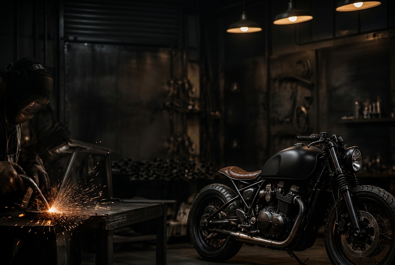 Custom motorcycle inside the Forge workshop