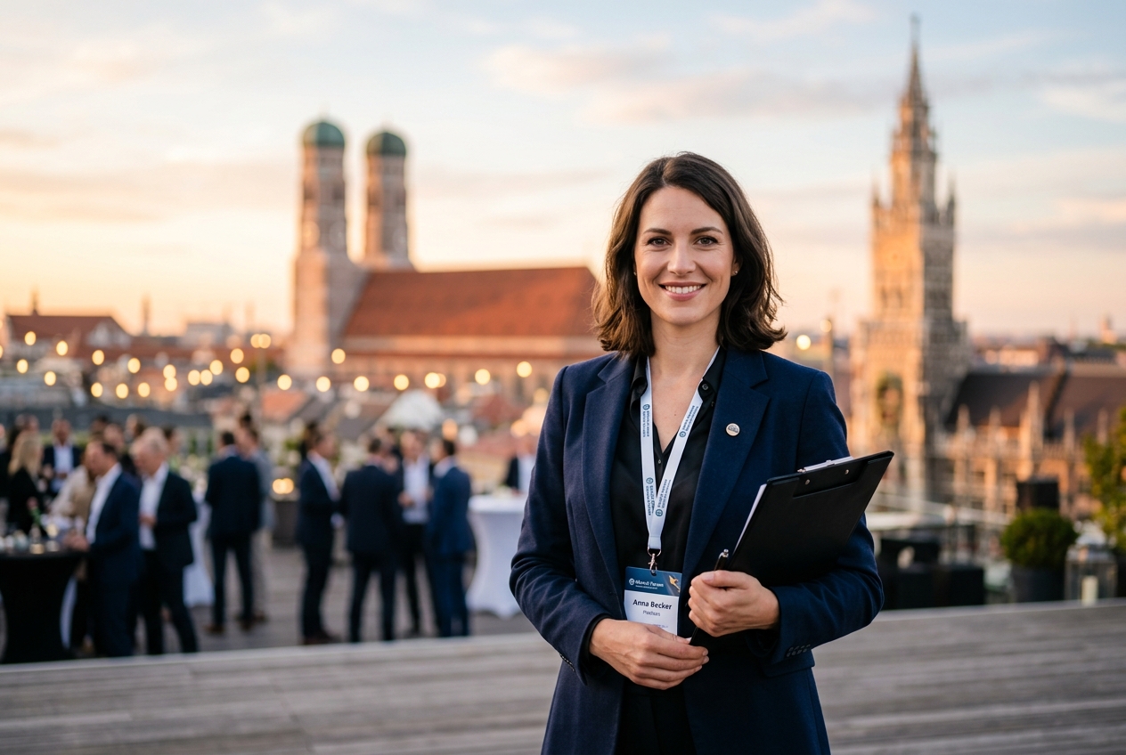 Professionelle Hostess in München mit Frauenkirche und Marienplatz im Hintergrund
