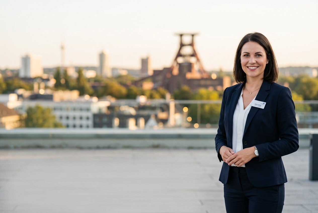 Professional hostess in Essen with the Zollverein complex and the city skyline in the background
