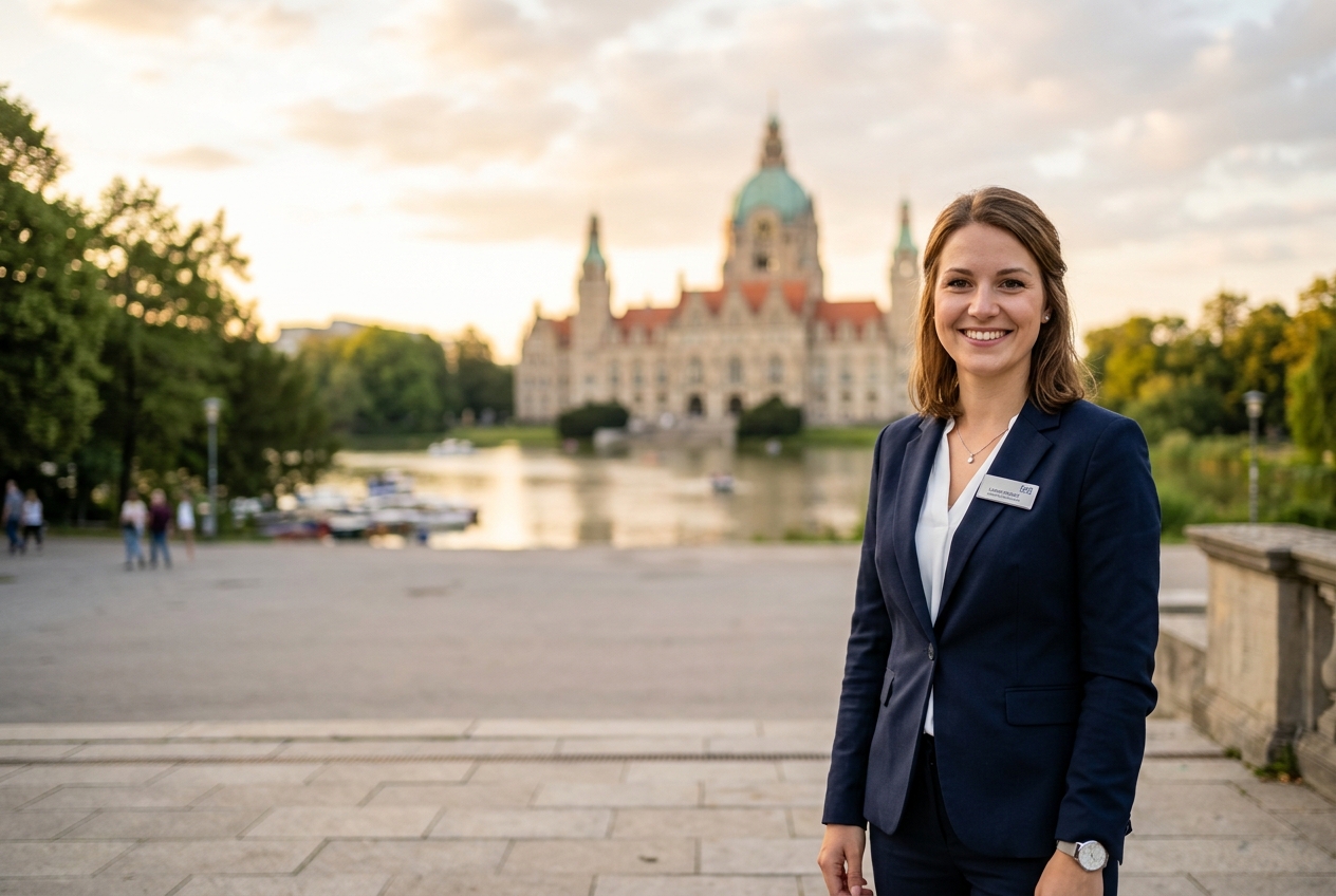 Professional hostess in Hannover with the New Town Hall and the Maschsee lake in the background