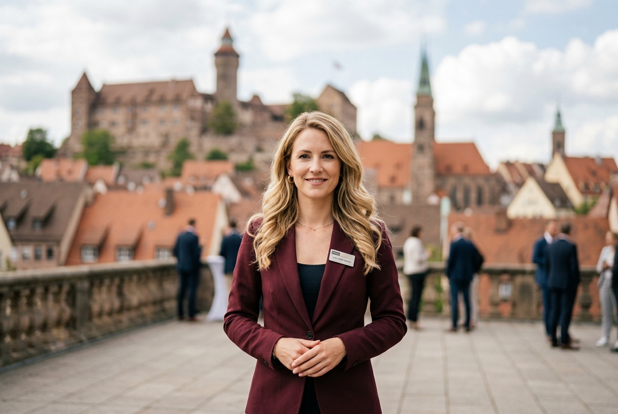 Professionelle Hostess in Nürnberg mit Altstadt und Kaiserburg im Hintergrund