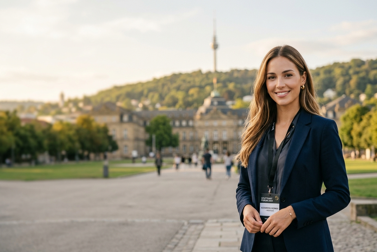 Professionelle Hostess in Stuttgart mit Schlossplatz und Fernsehturm im Hintergrund
