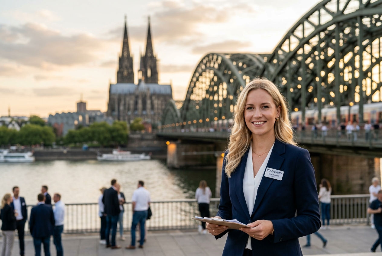 Professional hostess in Cologne with the Cathedral and Hohenzollern Bridge in the background