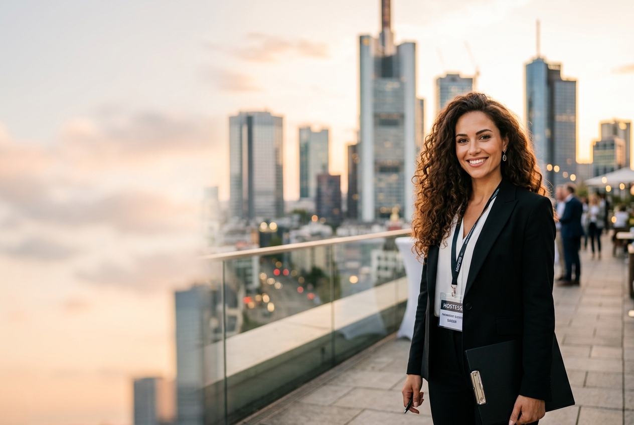Professionelle Hostess in Frankfurt mit der Skyline der Hochhäuser im Hintergrund