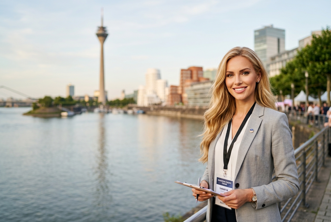 Professional hostess in Düsseldorf with the Rhine Tower and MedienHafen in the background