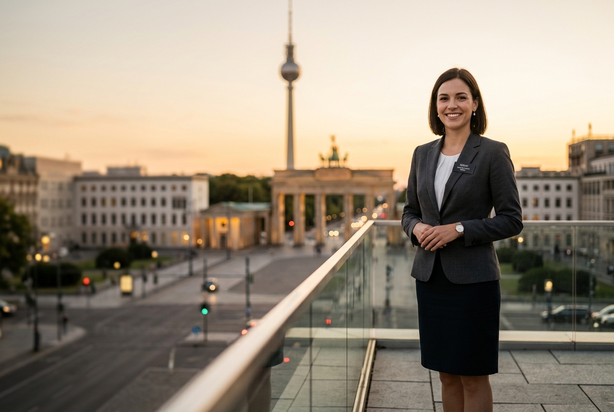 Professional hostess in Berlin with the Brandenburg Gate and the TV Tower in the background