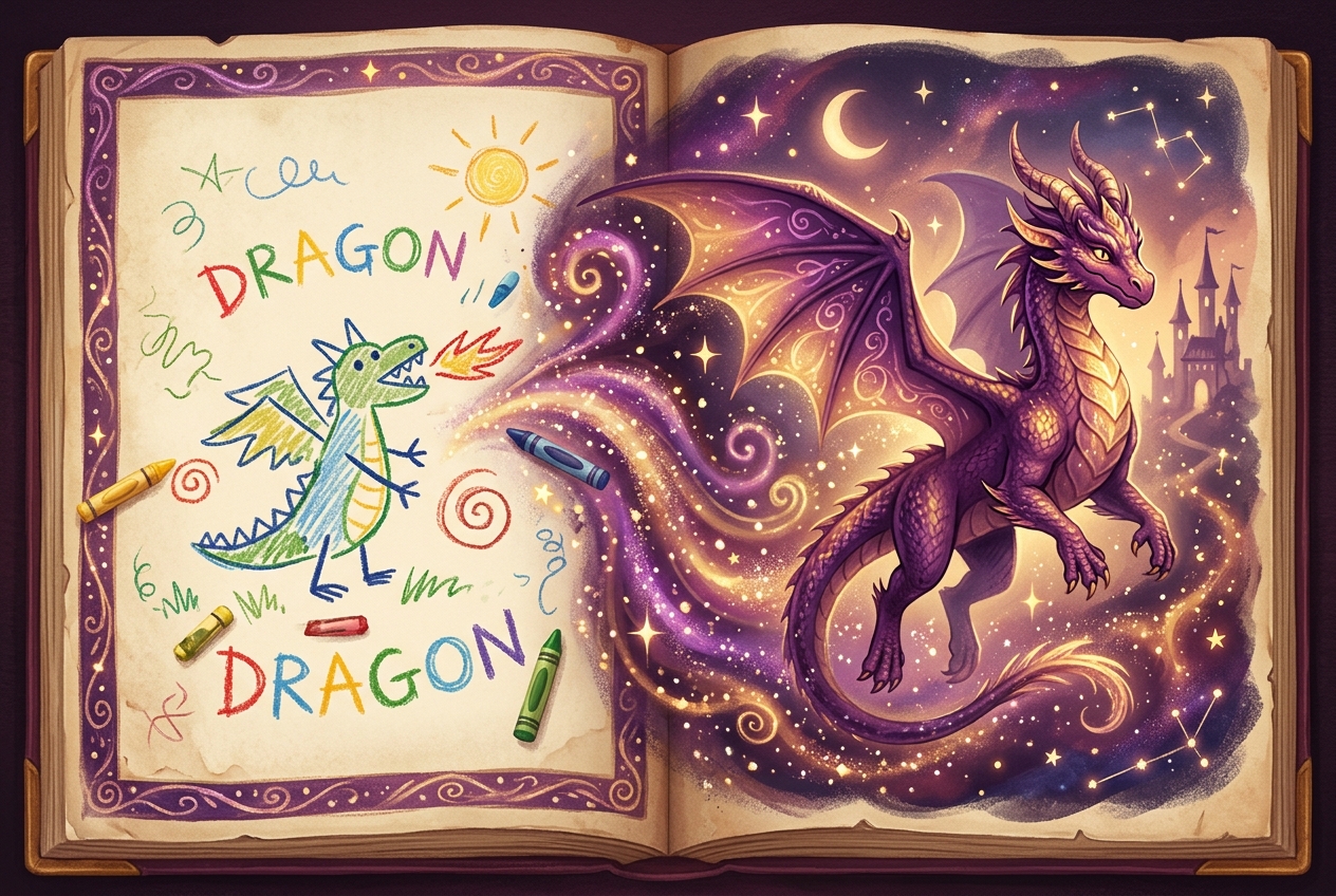 A child's drawing transforming into a fantasy dragon
