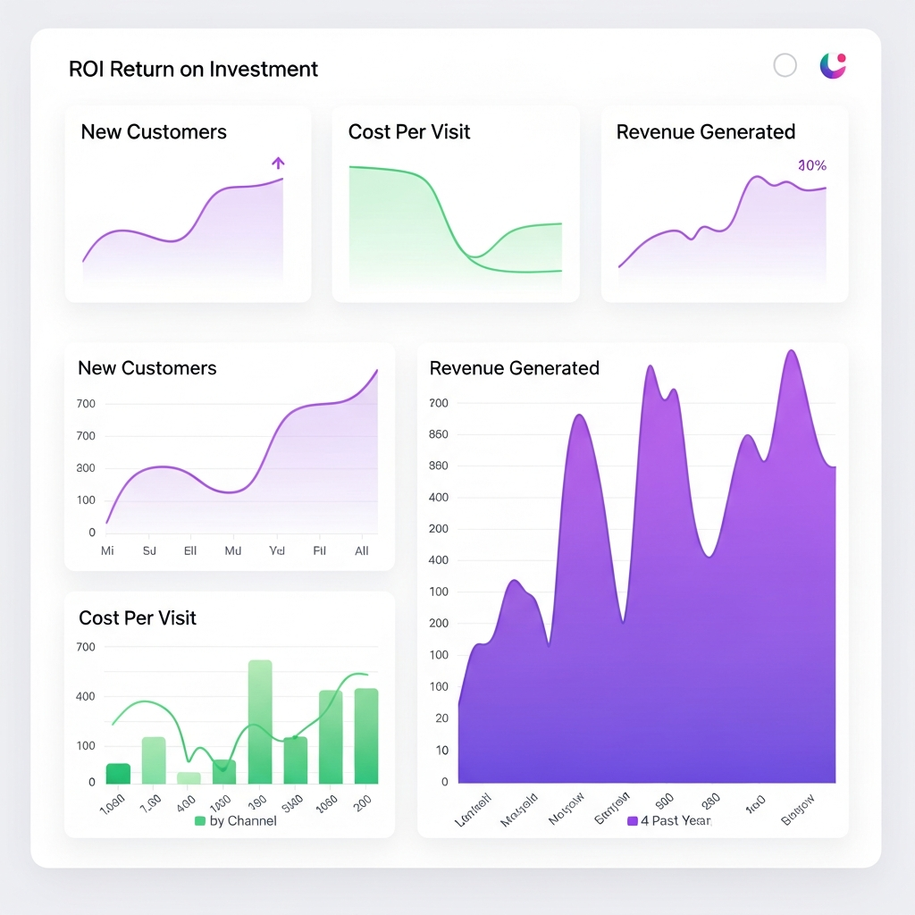 Geo-fencing advertising ROI dashboard showing new customers, cost per visit, and revenue generated metrics for local business marketing