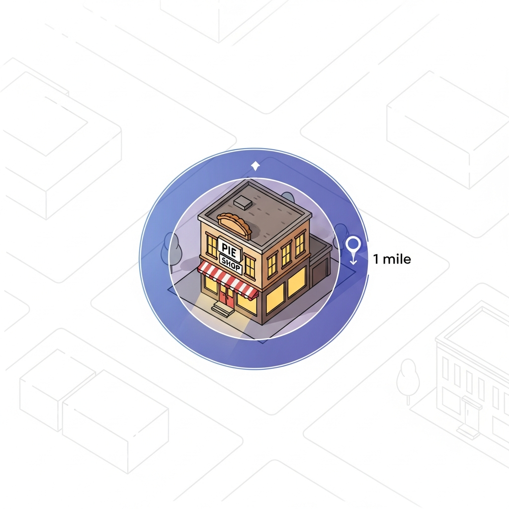 Geo-fencing virtual perimeter around local business showing 1-mile targeting radius for location-based advertising
