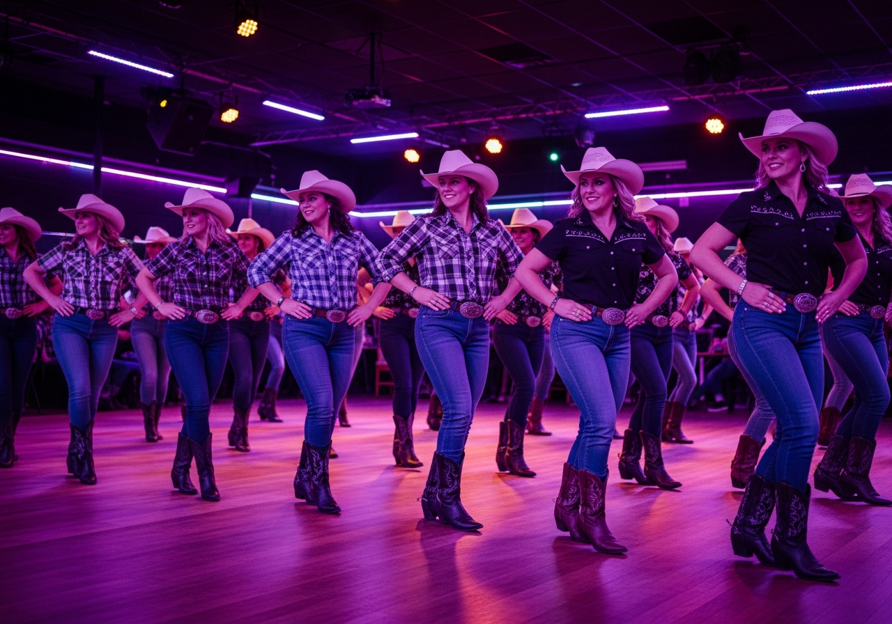 Line dancers in synchronized formation with purple lighting