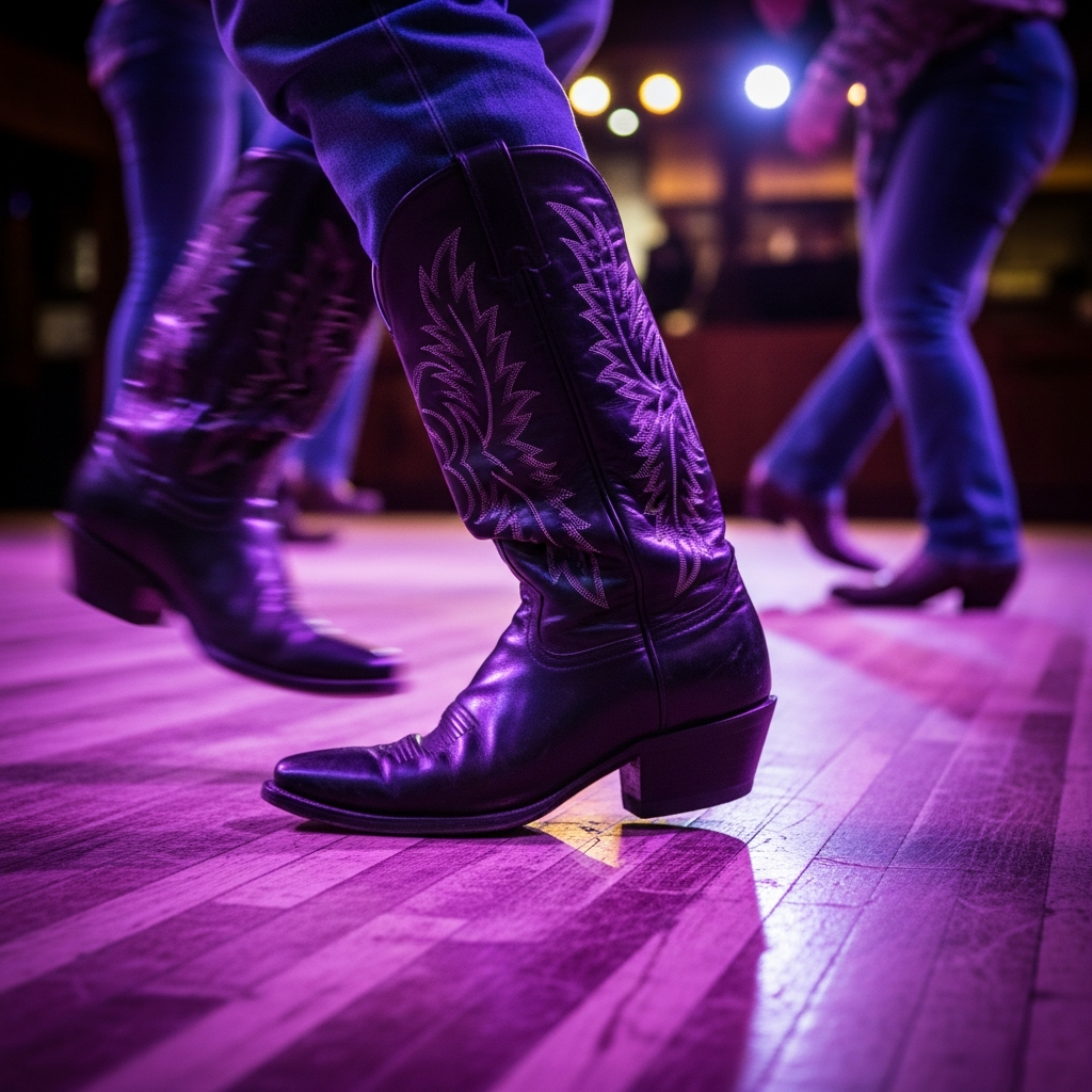 Cowboy boots on dance floor with purple lighting