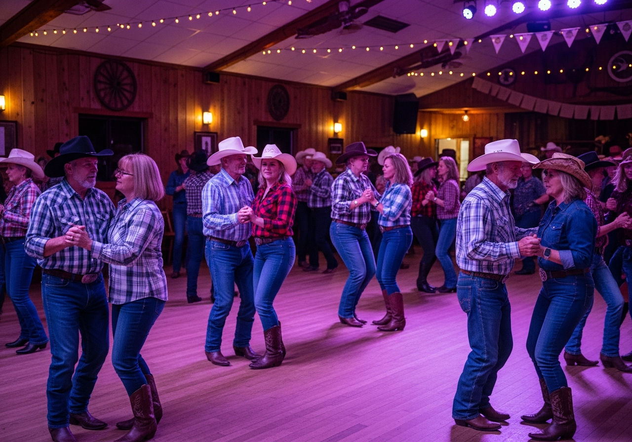 Happy group at country line dance social event