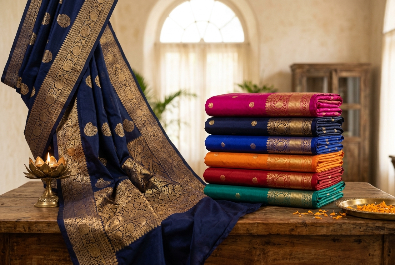 Folded premium silk sarees with gold zari borders